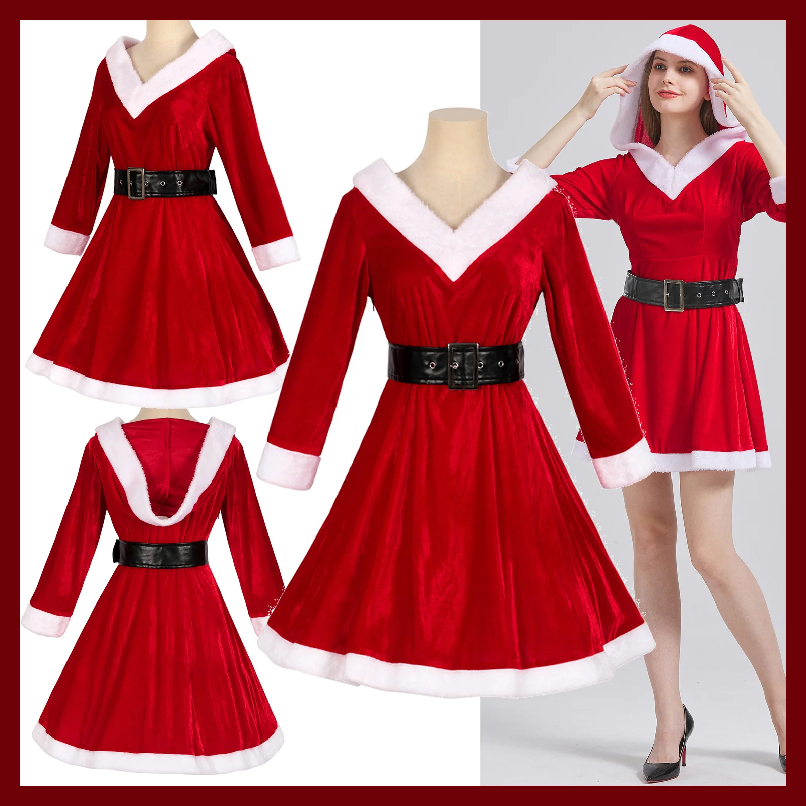 

2024 Рождественское красное платье, косплей, средневековый костюм с поясом, сексуальная женская сценическая форма для взрослых и девочек, праздничная одежда для девочек, праздничный костюм