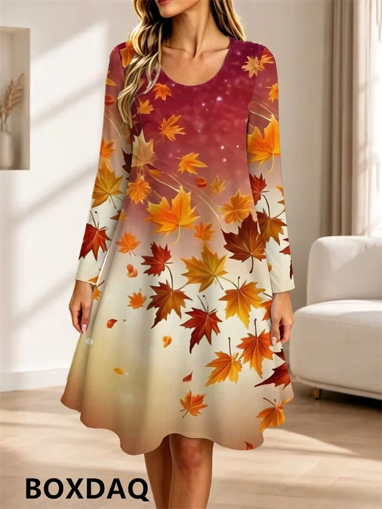 Women's Long Sleeve A-Line Dress Elegant Round Neck Autumn Maple Leaf Print Gradient  Fall Leaves Pattern Loose Casual Dresses
