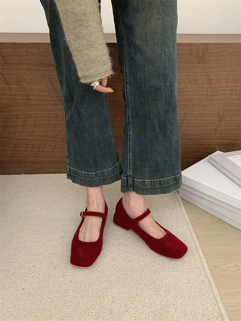 French Style Women Vintage Flats Velvet Square Toe Mary Janes Casual Shoes Comfort Loafers Shoes 2024 Ballerina Flats