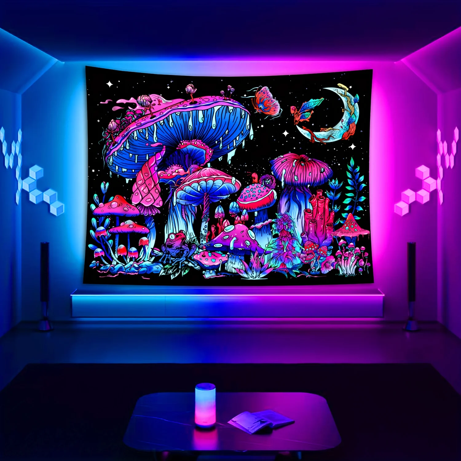 1 Tapiz Grande de Hongo Lunar - Neón Brillante, Rosa, Morado, Verde, Naranja, Amarillo, Rojo, Marrón - Efecto Autoiluminado, Dor