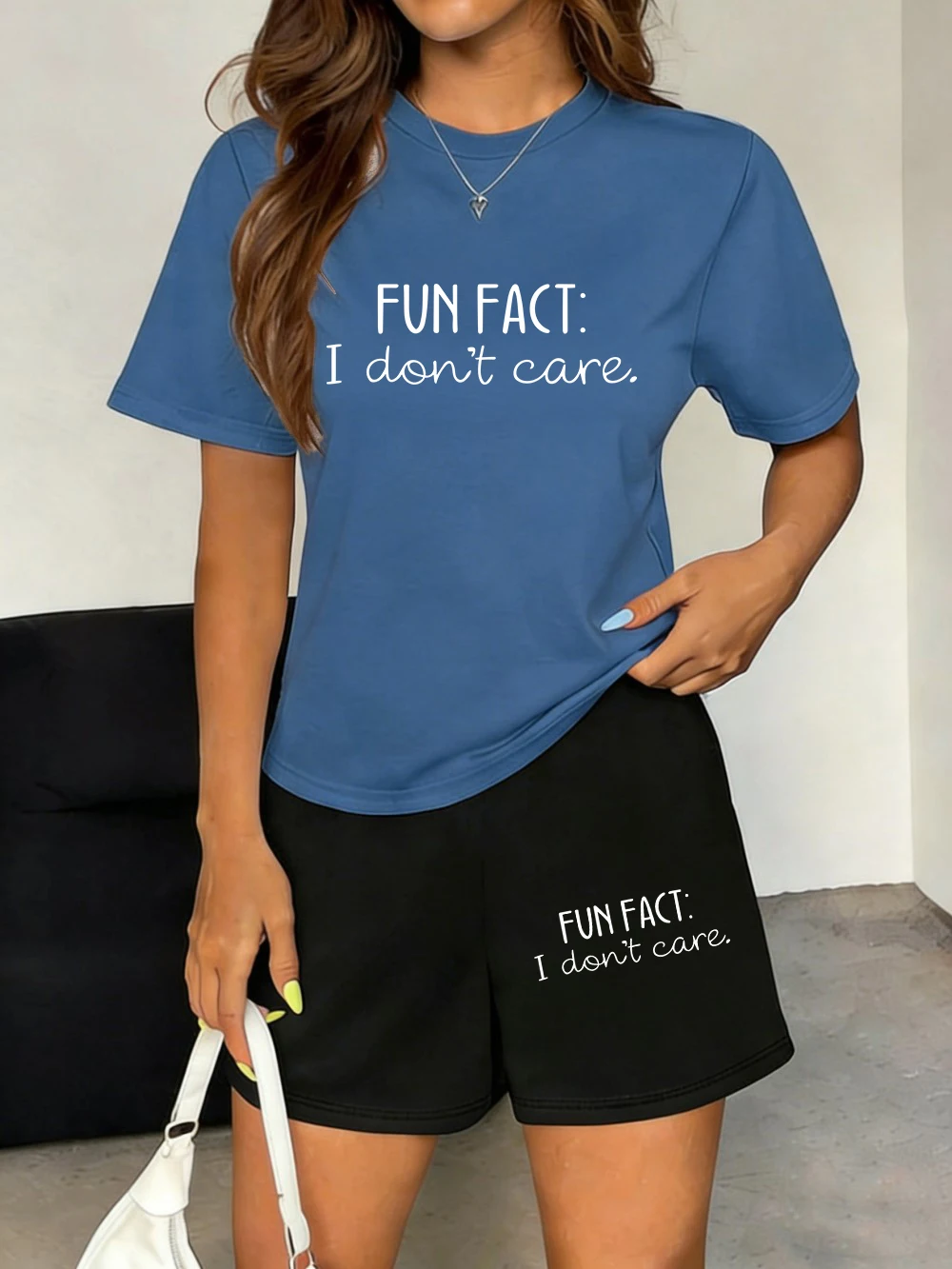 

Fun Fact: I Don'T Care Print Tops Shorts Womens Basic Two Pieces Set T-Shirt Pants Summer Pocket High Waisted Oversized Clothes