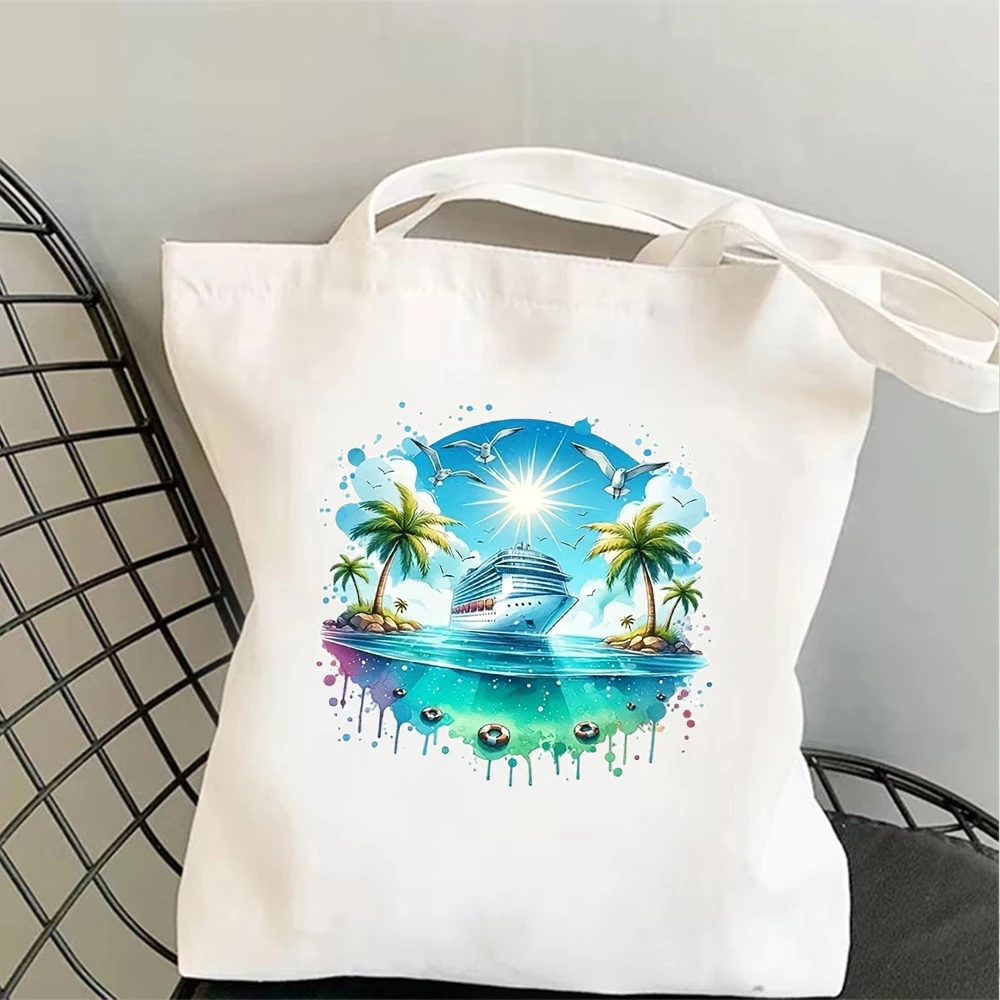 

Cruise Ship Ocean Printed Canvas Tote Bag Summer Beach Vacation Palm Tree Seagull Shoulder Handbag Casual Eco Daily Shopper