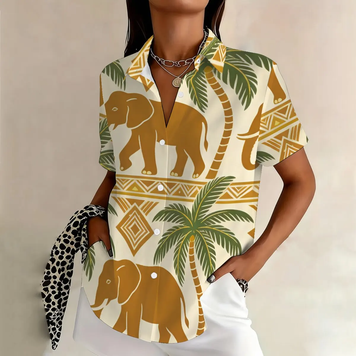 

Женская рубашка больших размеров с коротким рукавом и принтом слонов и кокосовых пальм, экзотический стиль, свободный и повседневный крой, идеально подходит для тематических вечеринок