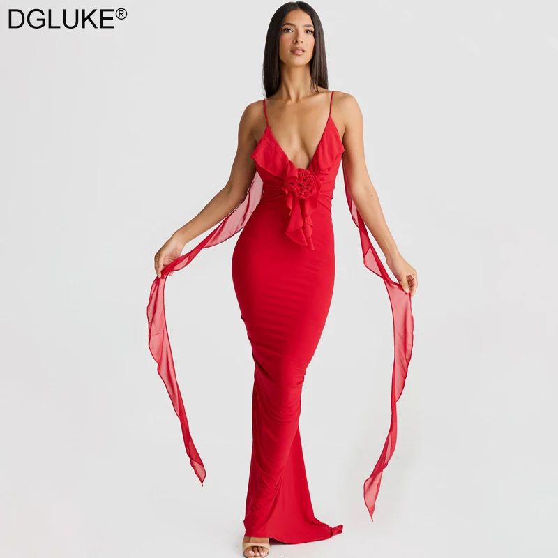 

V-Neck Ruffle Long Dresses For Women Sexy Spaghetti Strap Ruched Backless Maxi Dress Summer Simple And Elegant Formal Dress