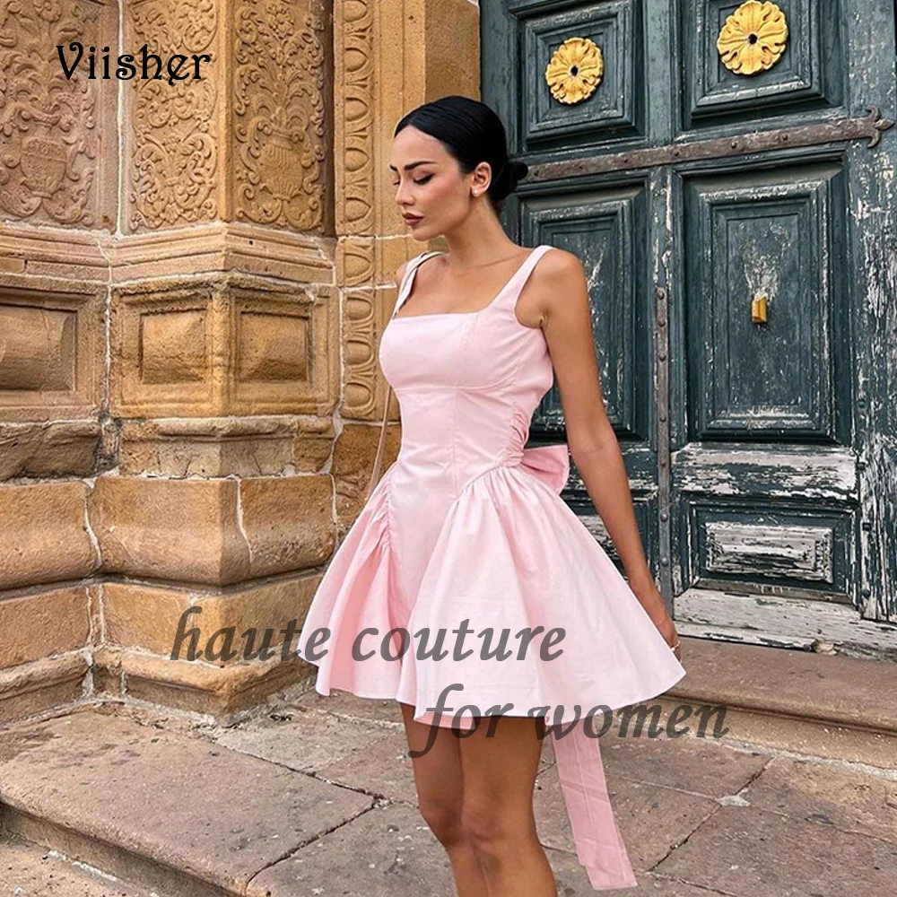 

Light Pink Satin Short Prom Party Dresses for Women Sleeveless Square Neck A Line Cocktail Gala Dress Backless Sexy Mini