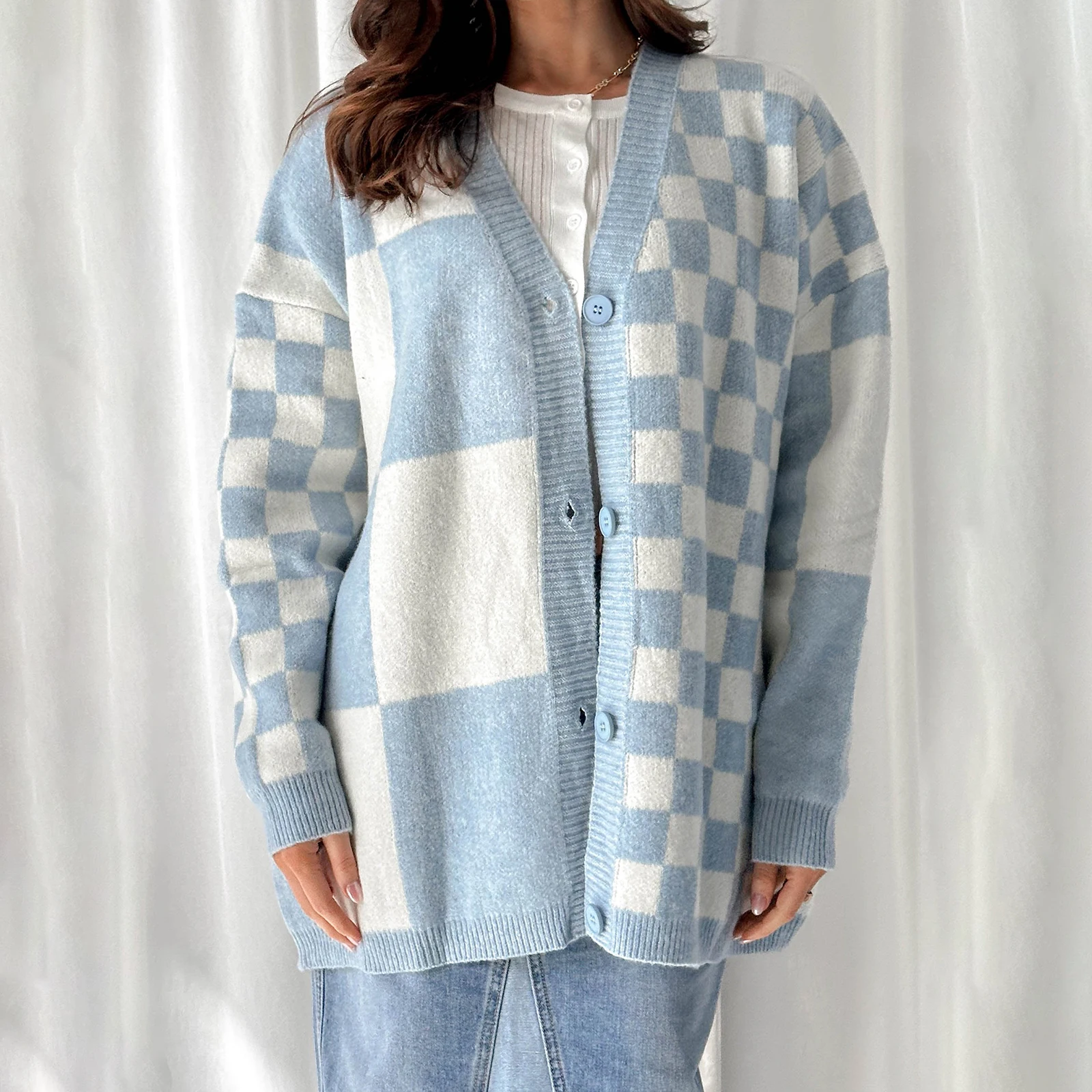 Women Oversized Checkered Cardigan Y2K Button Down V Neck Knit Long Sleeve Sweater Coats Vintage Aesthetic Loose Outwear