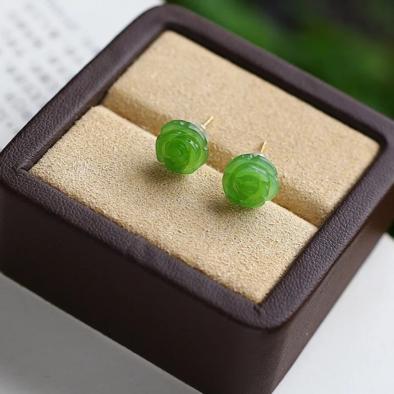 

Natural Hetian Jade Stud 18K String Rose Gold Spinach Green Surface Earrings Ear