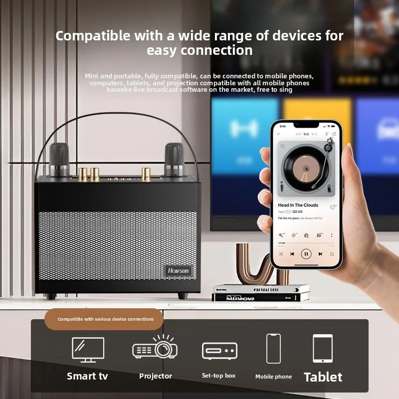 

Открытый домашний Bluetooth-динамик K-song с микрофоном, встроенный стерео ретро-деревянный высокий сабвуфер