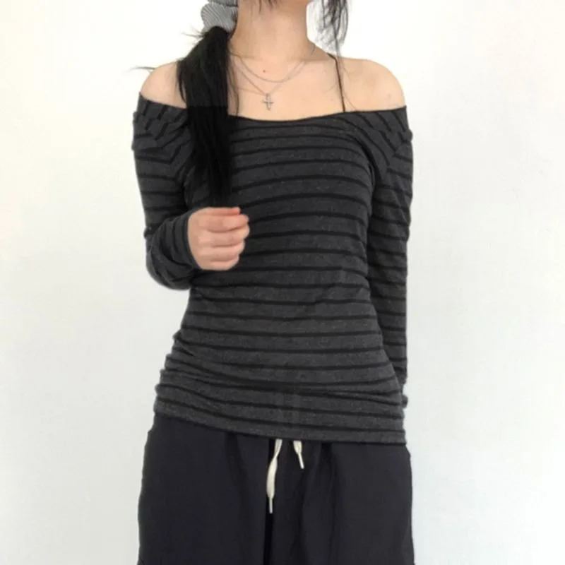 Japanese 2000s Style Women's Stripped Shirt Women Long Sleeve Top Y2k Grunge Clothing Korean Gray T Shirt Gyaru 90s Off Shoulder