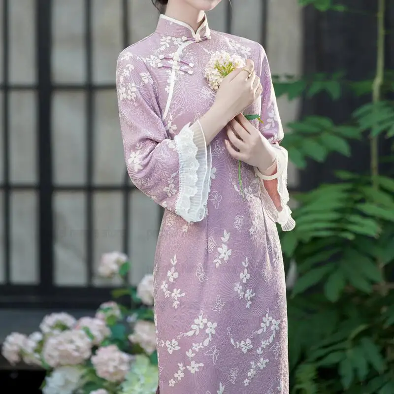 

2025 Autumn New Chesongam Lady Princess Style Chinese Dress Improved Lace Sleeve Qipao Lady Spring Festival Party Vestidos