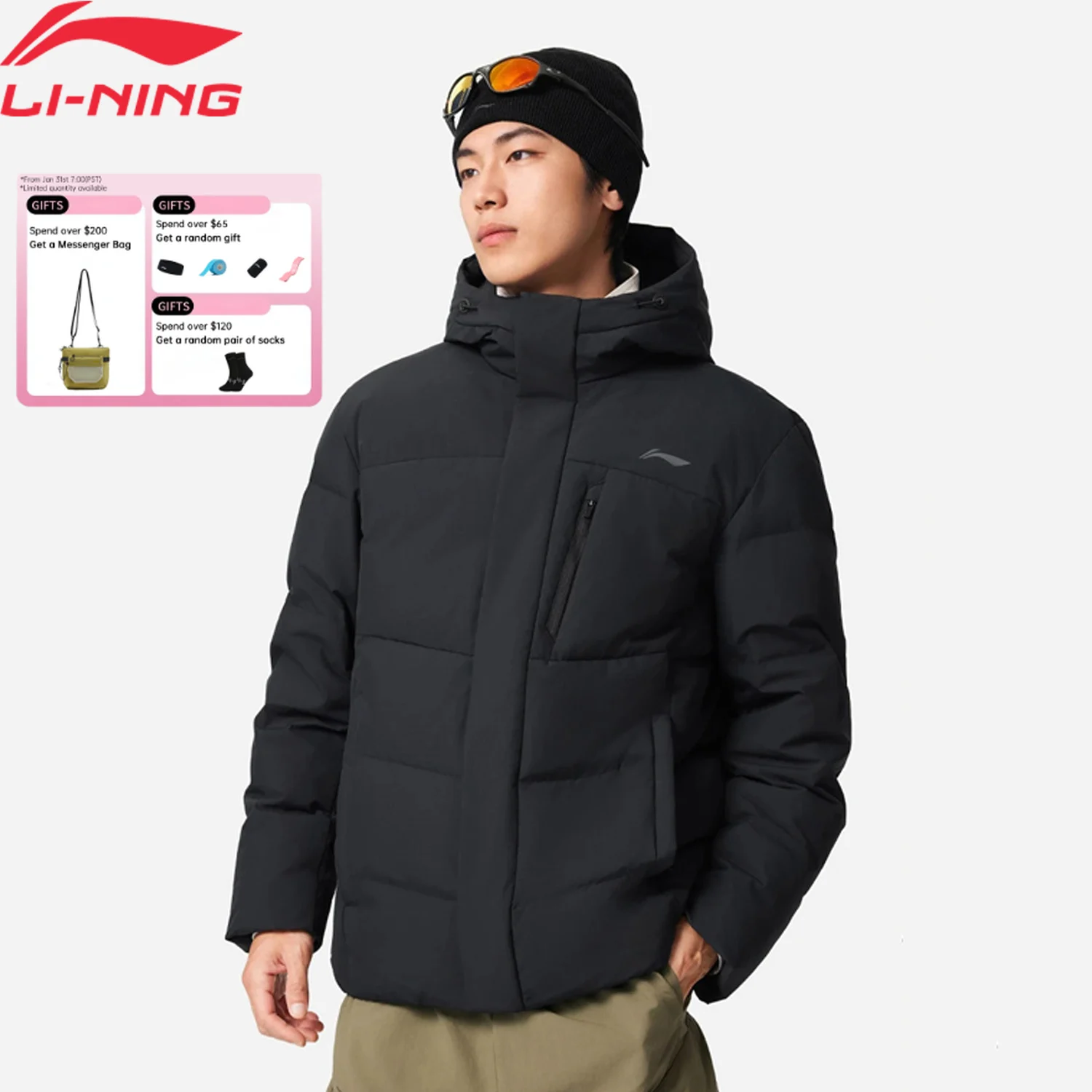

Li-Ning Men's Training Hooded Short Duwn Jacket LN FIR WARM LN WATER PROOF Reflective LiNing Fitness Sport Coats AYMV153