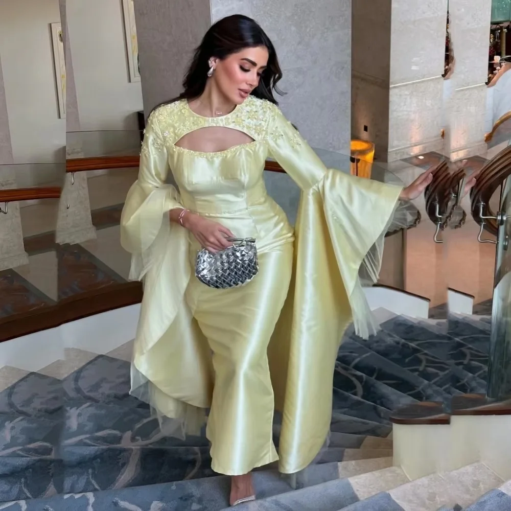 فستان سهرة مخصص رائع بأكمام طويلة فساتين لحضور الحفلات الموسيقية Ruched مناسبة رسمية لامعة مزين بالزهور فستان حفلة رداء سواريه