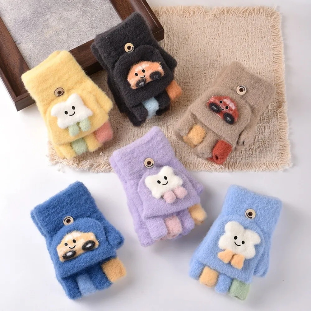 New Children Cartoon Gloves Windproof Thickened Half Finger Flip Gloves Warm Touch Screen Toddler Warm Gloves