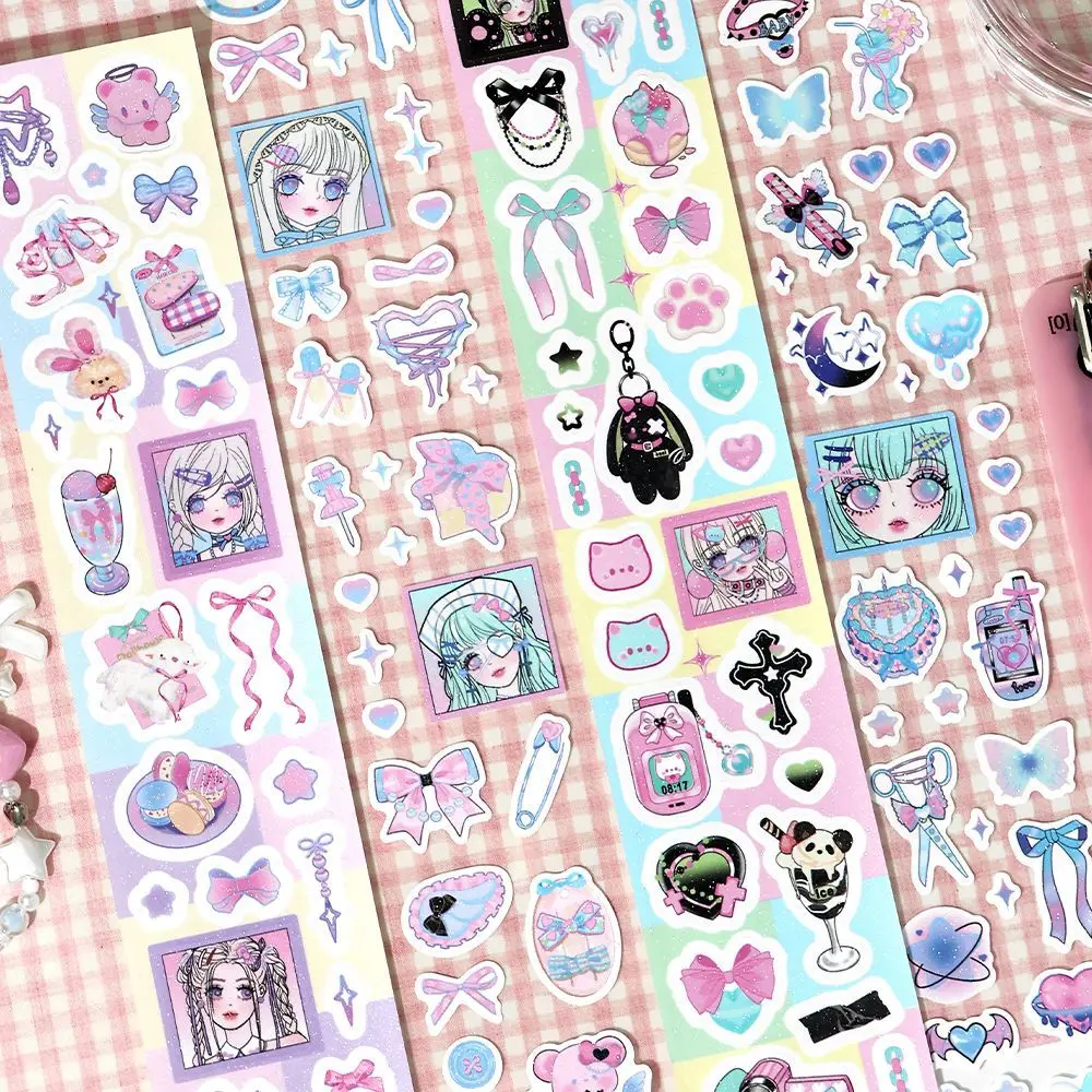 1 Pc Cute Colorful Cartoon Bow Heart Pattern Tape Toploader Deco DIY Scrapbooking Journaling Decorative Stickers Laptap Stickers