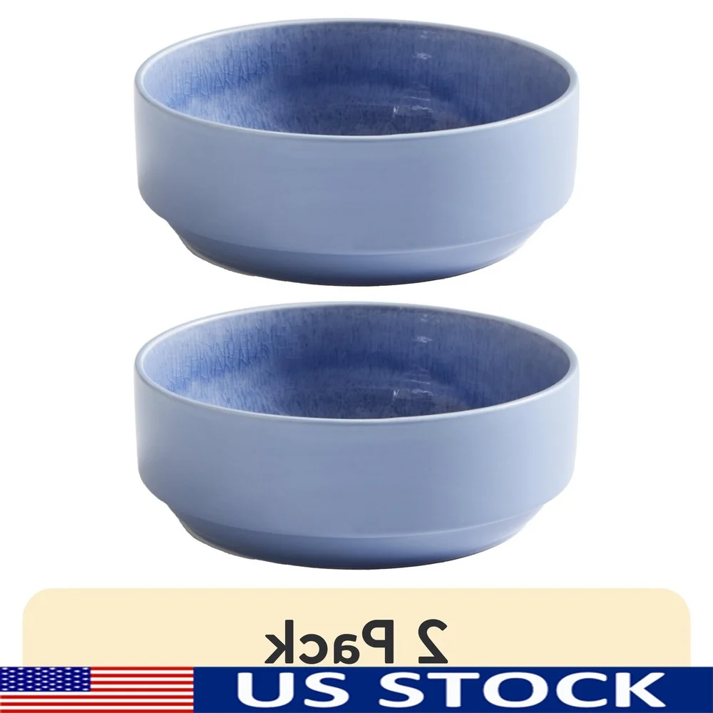 Paquete de 2 cuencos de cereales de gres apilables, diseño artesanal azul brillante, ahorro de espacio, experiencia de comedor única con acabado a mano de 27 oz