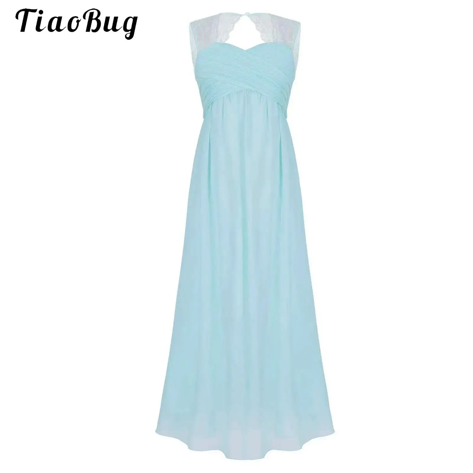 Long Lace Chiffon Evening Dress for Kid Flower Girls Elegant Wedding Party Dress Sleeveless Pleat Birthday Ceremony Pageant Gown