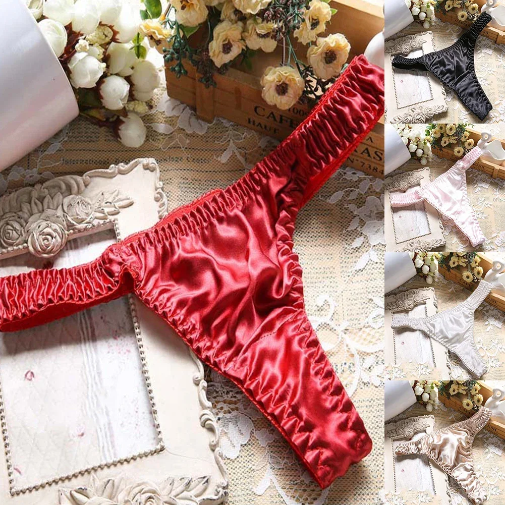 Womens Low Waisted Thong Briefs Silk Smooth Satin T Back Underpants Sexy Valentine Day Gift Underwear Breathable Soft Underwear