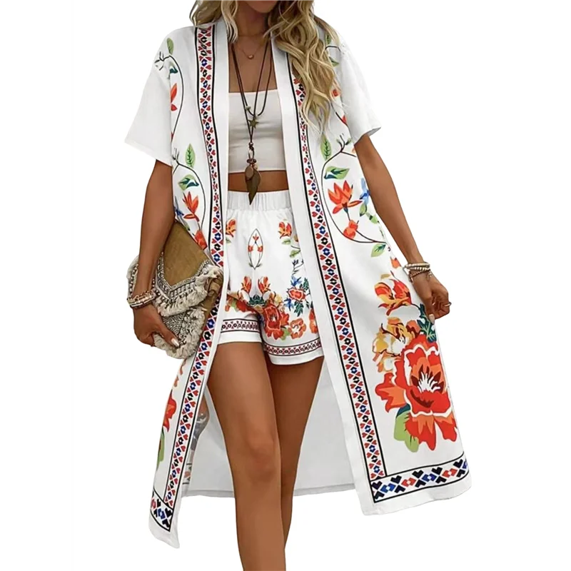 

【D75C】Women's Plus Size Floral Boho Short Sleeve Kimono- Open Front Outwear And Shorts 2 Piece Summer Outfit