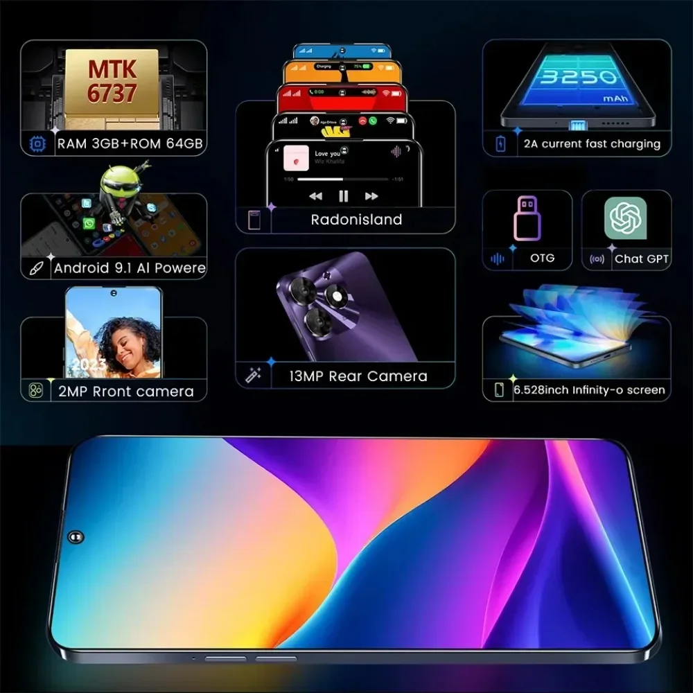 الإصدار العالمي UNIWA K652 هاتف ذكي رفيع للغاية 4G يعمل بنظام أندرويد 6.53 بوصة HD 3GB + 64GB هواتف محمولة 3250mAh 13MP هاتف محمول بسعر رخيص