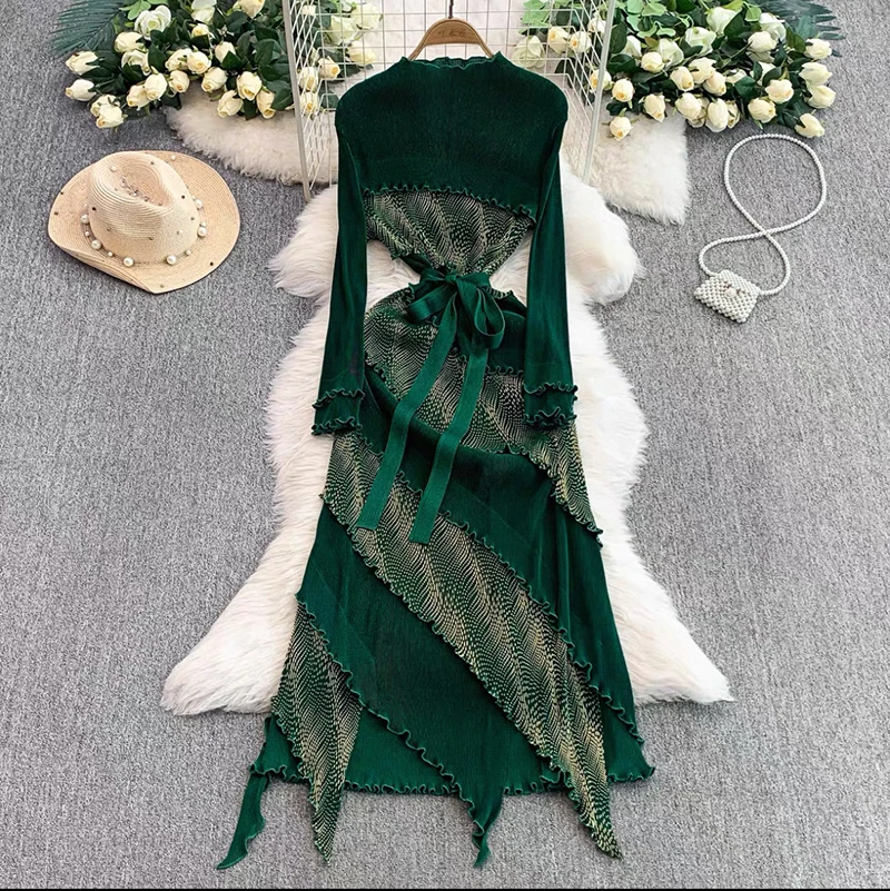 فستان ماكسي مطوي للنساء بأكمام طويلة وكشكشة متدرجة للحفلات المسائية فستان بوهو أنيق للحفلات المسائية