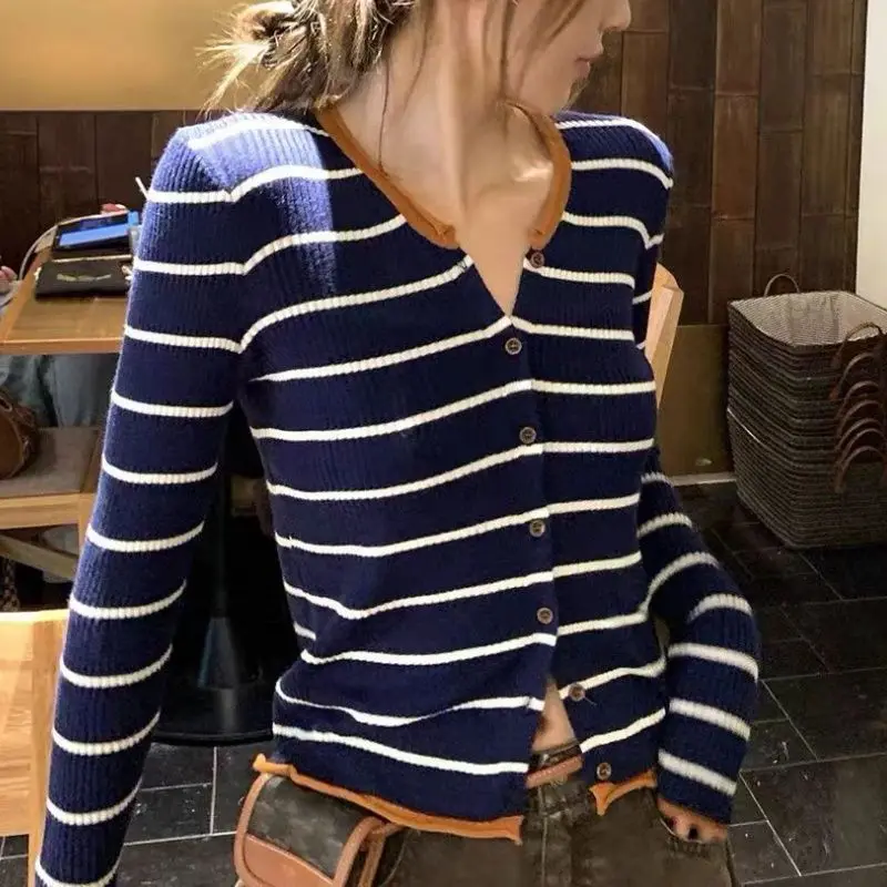 컬러 블록 스트라이프 니트 가디건 여성 슬림 캐주얼 스웨터 코트