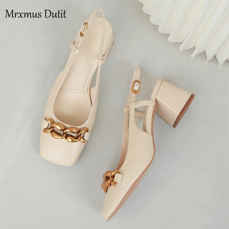 Mrxmus 2023 New Spring Summer Fashion Genuine Leather Square Head Metal Chain Chunky Heel High Heel Shoes Simple Casual Women