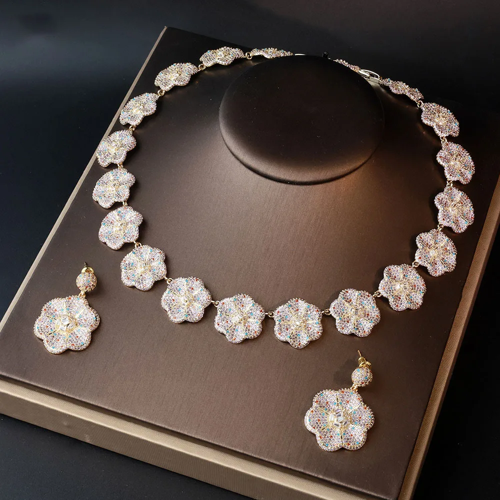 

New European and American Style Cute Flowers Daily Color Necklace Earrings Women's Jewelry Set Wedding Holiday Bridal Gift M1039