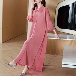 Pleated Dress 2024 New Beaded Flare Sleeves Women's Short Sleeves Loose Large Medium Length Elastic Pleated Long Dress