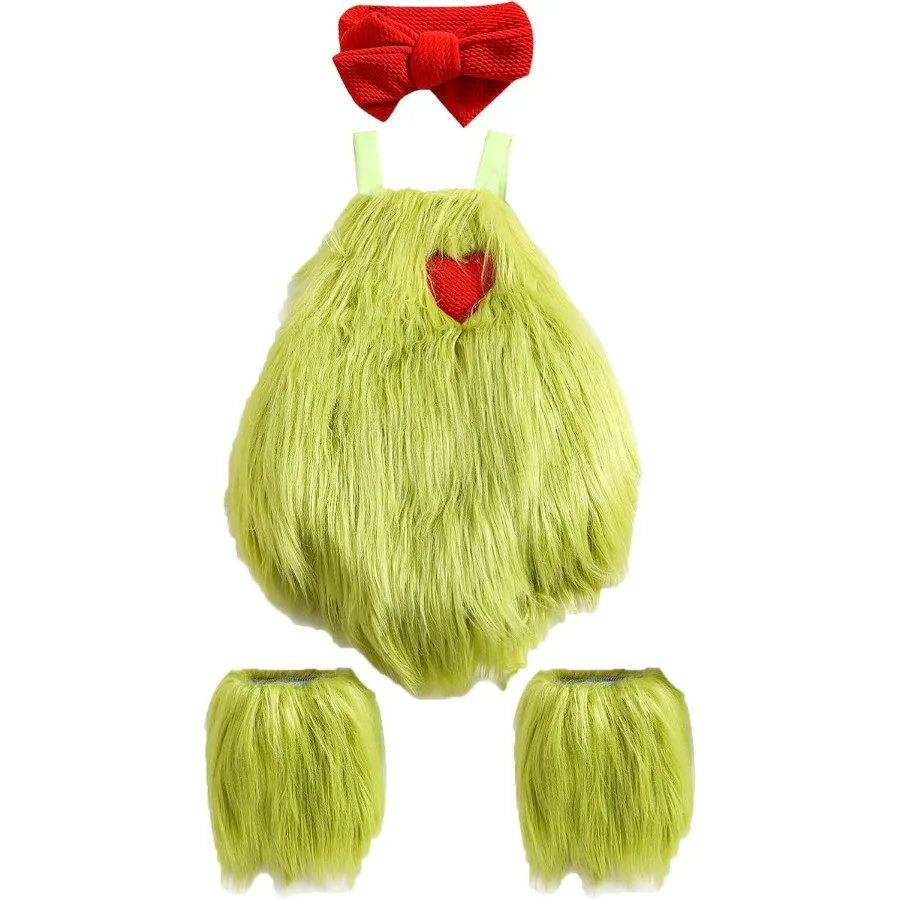 

Toddler Baby Girl Halloween Costume Plush Sleeveless Romper Overall Headband Leg Warmer Outfit Set Christmas Clothes