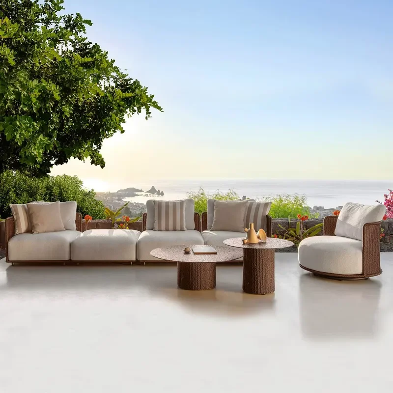 Retro Pe Rattan Outdoor Sofa Set Uv Sunproof for Courtyard Villa Homestay Balcony Open air Leisure Wicker Furniture