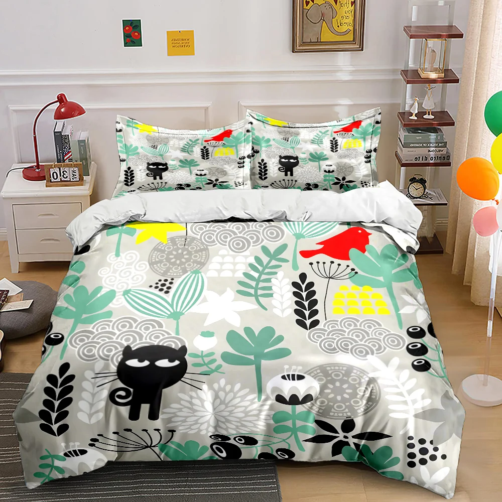Colorful cartoon floral and animal illustration Print Bedding Set 1 Duvet Cover 2 Pillowcases for Adult and Children Luxury Gift