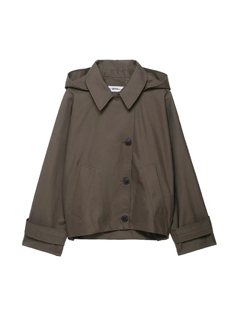 معطف نسائي فضفاض سترة واقية مع غطاء للرأس 2025 موضة ريترو جديدة كبيرة الحجم وأكمام طويلة معطف خندق مريح ملابس خارجية #3