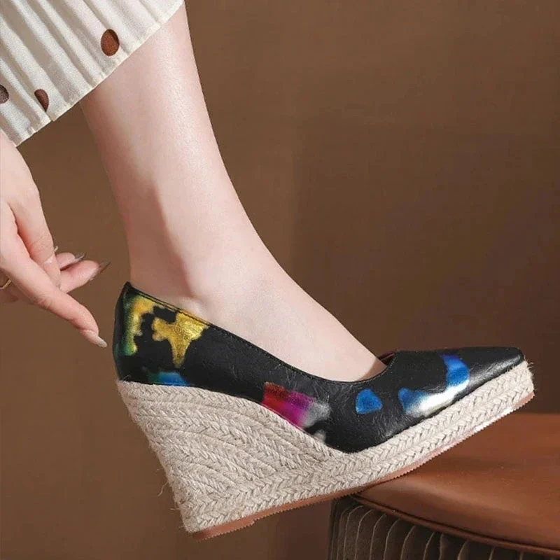 Flower print women wedge shoes pumps platform high heel pointed toe slip on espadrilles shoes party casual comfort shoes