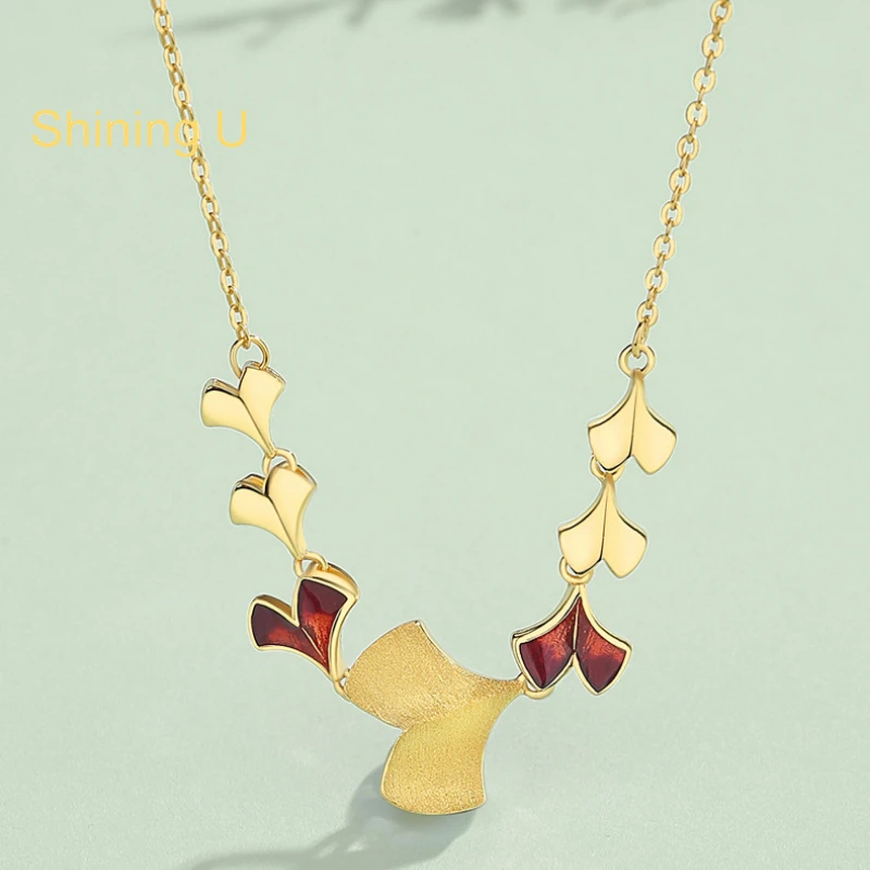 Shining U S925 Silver Ginkgo Leaf Necklace for Women Gold Plated New Chinese Style Fine Jewelry New Year Gift