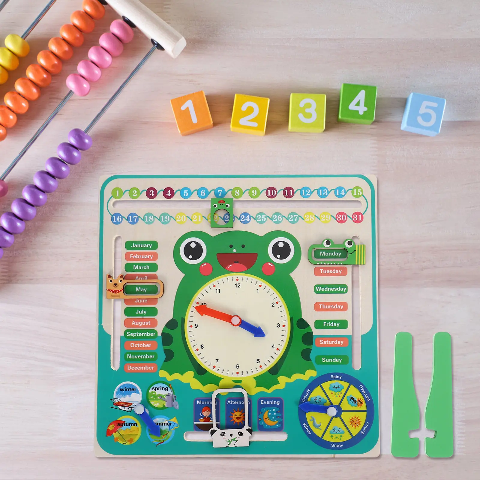 Wooden Frog Shaped Clock and Calendar Board for Children Learning Time Telling Dates Days of Week Cognitive Skills Development