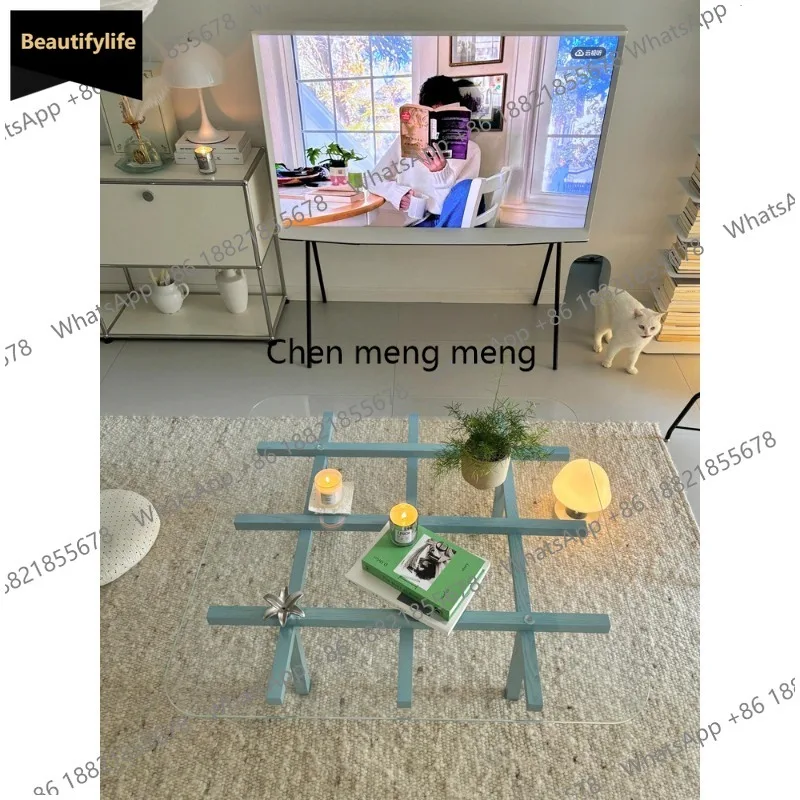 M183 Nordic style solid wood labyrinth coffee table ultra-white glass tea table living room household square blue