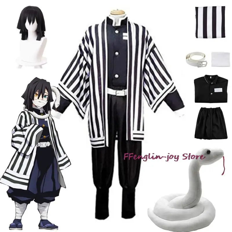 Uniforme de Kimono de Anime Iguro Obanai, peluca de Cosplay, accesorios de Serpiente Blanca para fiesta de Halloween