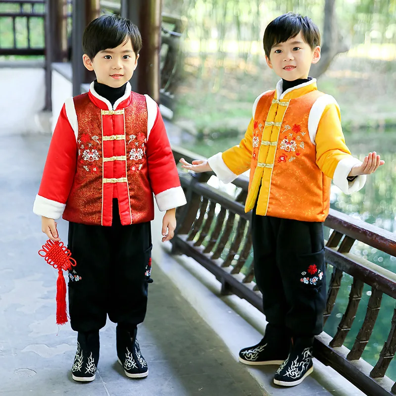 New Boys Chinese Style Embroidery Winter Tang Suit Two Piece Sets New Year Greeting Thick Warm Vintage Hanfu Role Play Costume