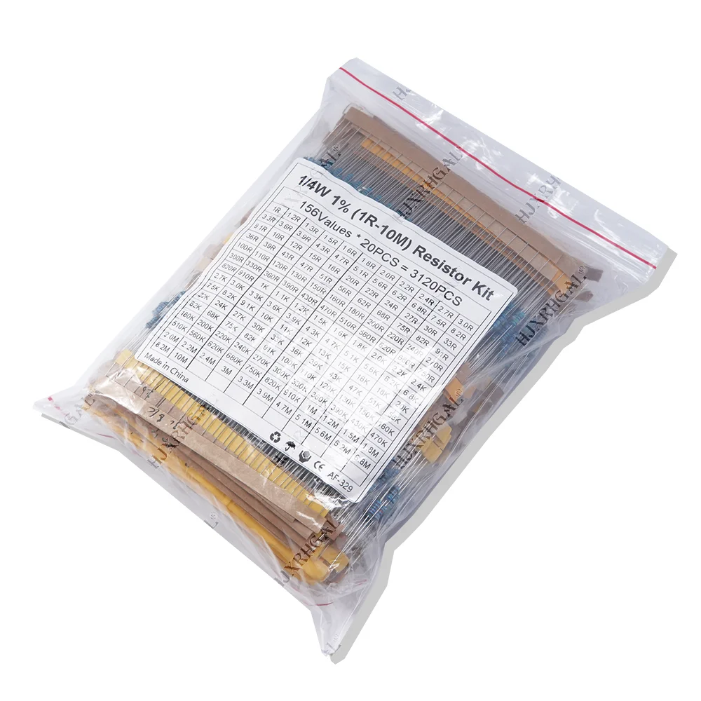 3120pcs 156Values Electric Unit 1/4W Power Metal Film Resistor Kit 1R-10M 1% Tolerance Assortment Set  1ohm-10Mohm samples pack