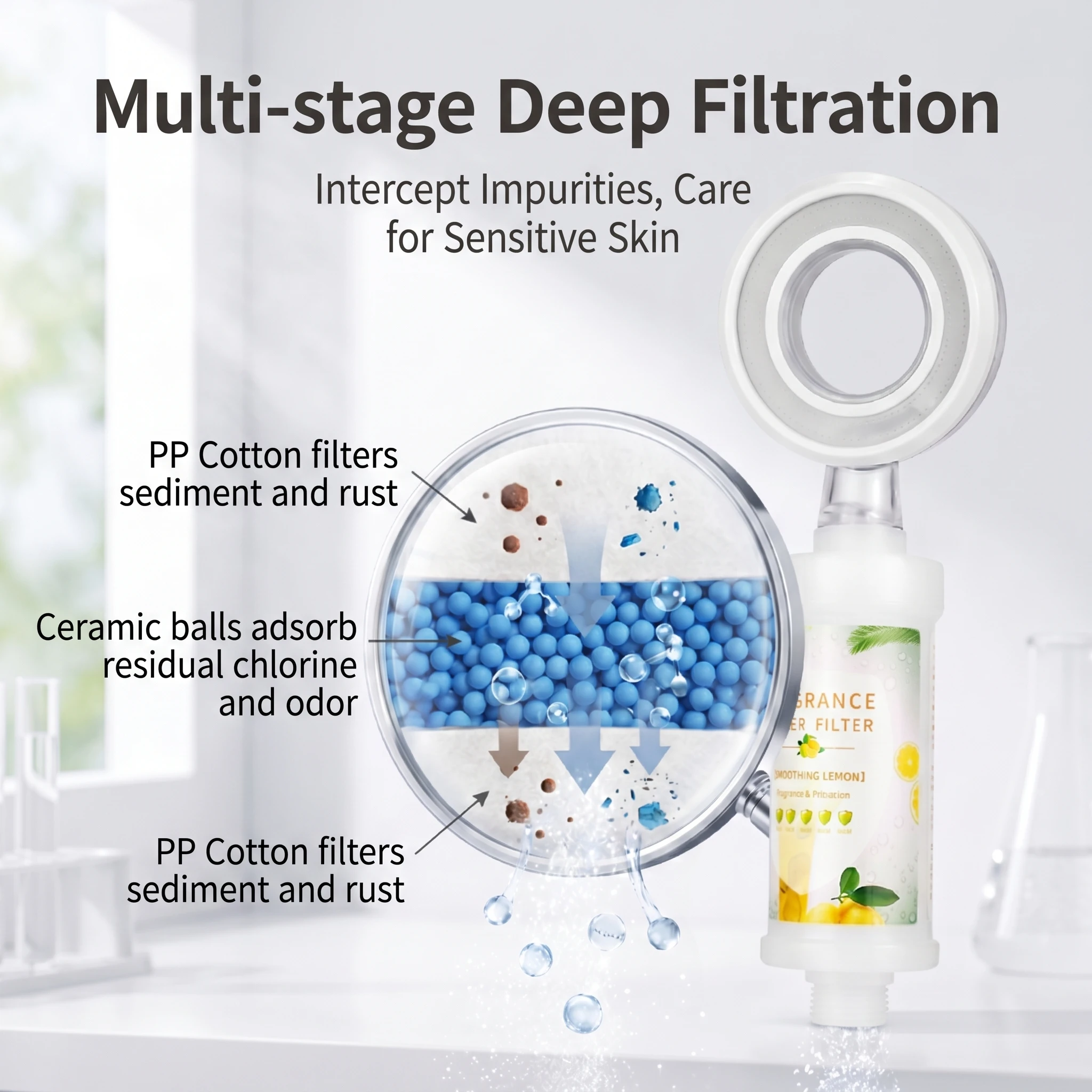 Household Shower Water Purifier, G1/2 BSP Pre-filter Reduce Chlorine, Skin Care Shower Head Filter for Water Heater
