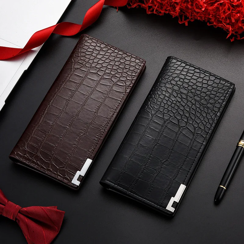 Men's PU Leather Long Wallet Crocodile Pattern Wallet Three Folded Billfold Bank/ID Card Holder Wallet 2025 New