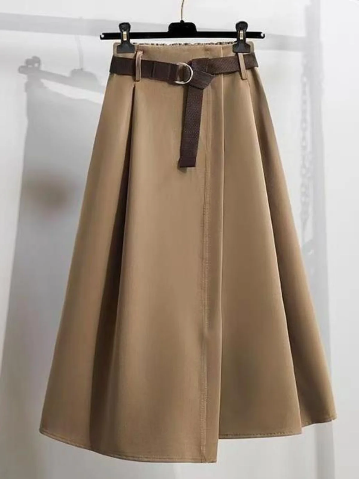 

High Waist A-Line Skirt Elastic Waist Asymmetrical Midi Length Versatile Women's Korean Sle Commute Polyester Fiber