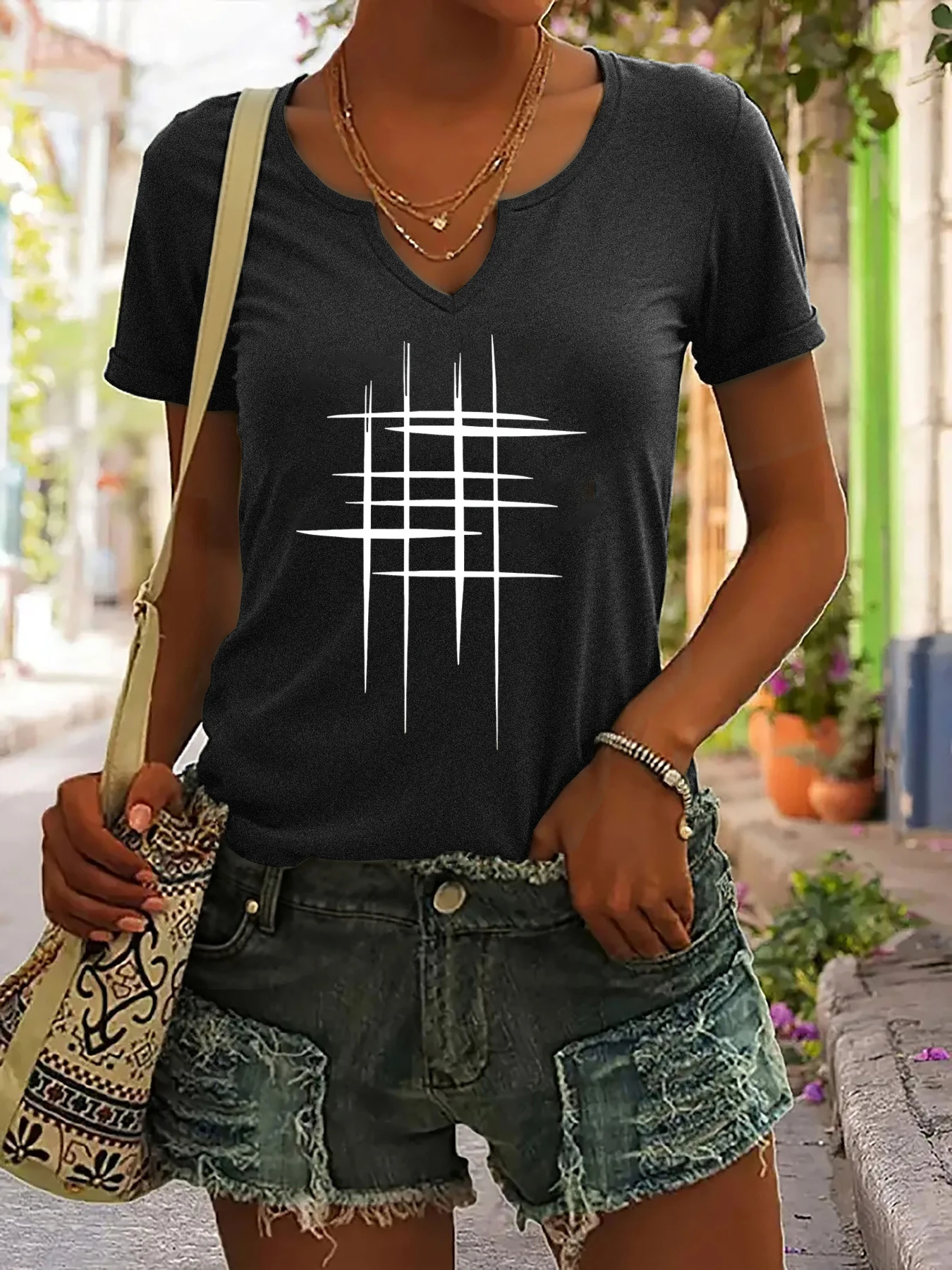 Women's Summer V-Neck Short Sleeve T-Shirt, Abstract Geometric Line Art Print, Minimalist Modern Casual Fashion Top