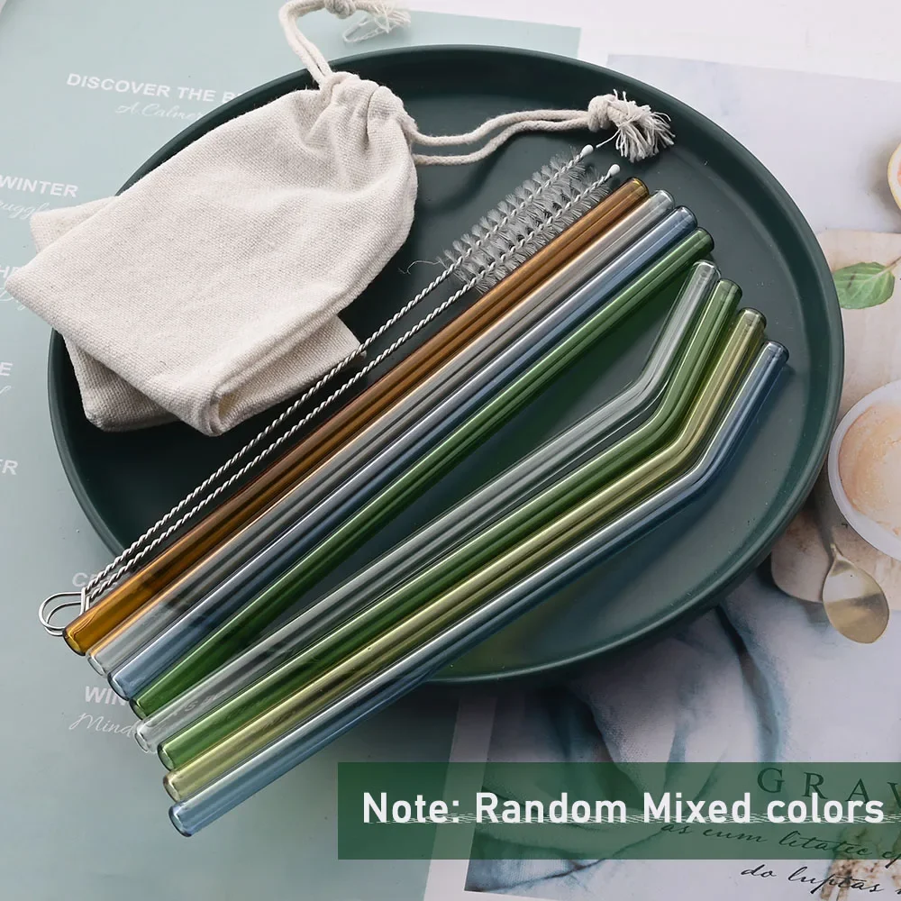 8pcs Random Colored Translucent Glass Straws Reusable Heat Resistant Glass Drinking Straw with Brush Bar Party Accessory