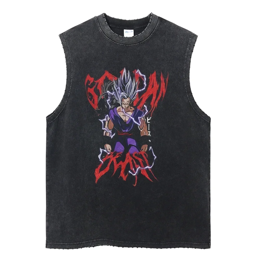 

Men Necklace Washed Vest Hip Hop Street Dragon Ball Print Vintage Tank Top 2024 Summer Casual Sleeveless Cotton Oversize Vest