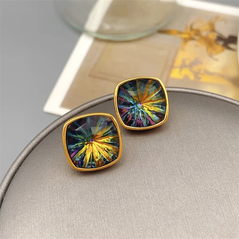 

European And American Retro Geometric Colored Crystal Glass Stud Earrings For Women Fashion Simple Elegant Earrings Jewelry