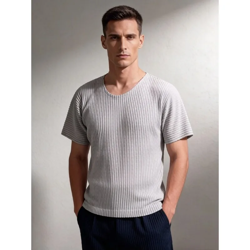 

Miyake Pleated Short Sleeve T-Shirt Men 2026 Pleats Short Sleeve Top Loose Casual Half Sleeve Solid Color Spring Summer T-Shirt