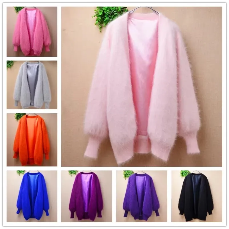 

Female Women Spring Autumn Clothing Hairy Mink Cashmere Knitted Long Lantern Sleeves Loose Mantle Cardigan Angora Jacket Sweater