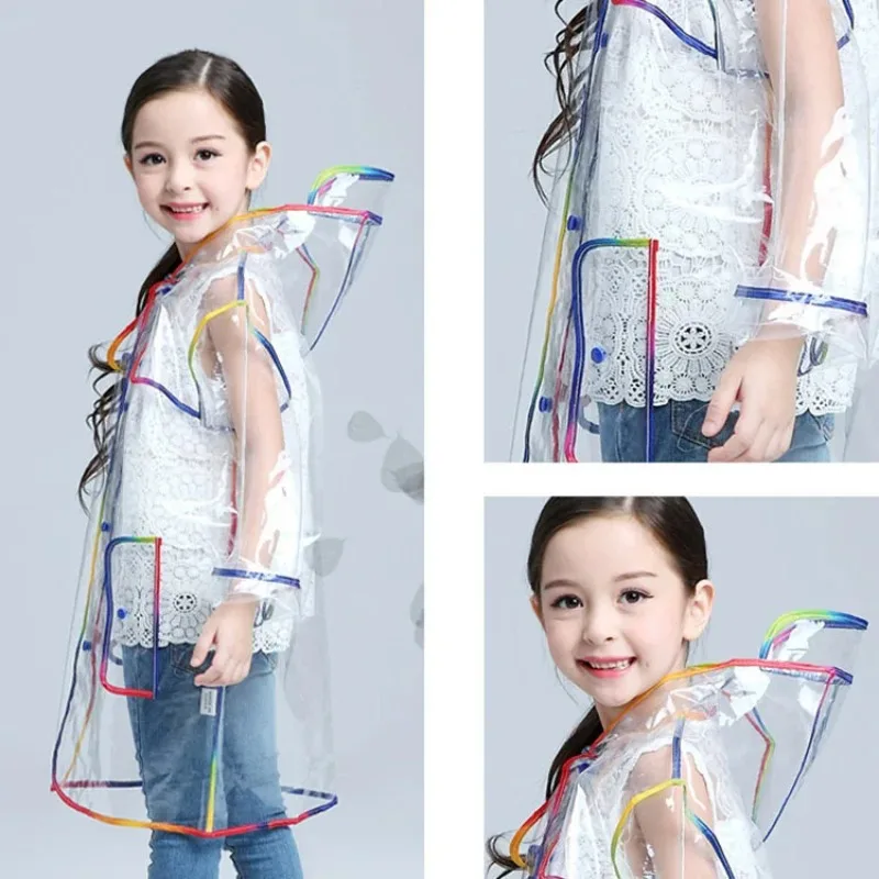 Transparent Rainbow Colorful Edge Kids Raincoat Waterproof eva Children Windproof Rain Coat Jacket With Hood Boys Girls Poncho