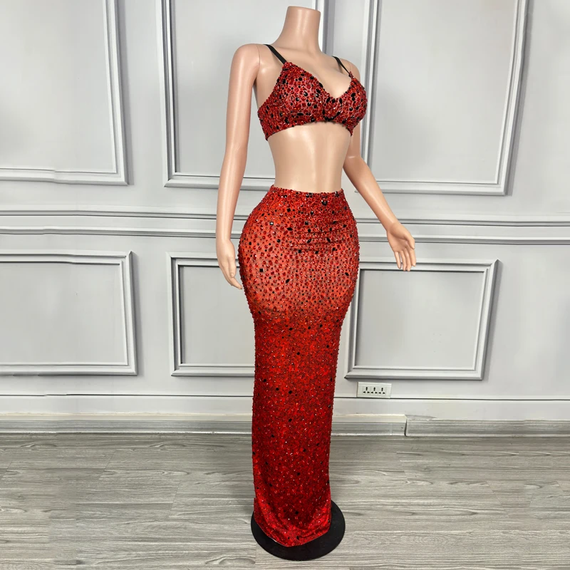 Nuevo vestido de fiesta rojo brillante con diamantes de imitación para mujer, traje de baile de Jazz para cantante, vestidos de fiesta de noche, traje de pasarela puesta en escena ﻿ Set